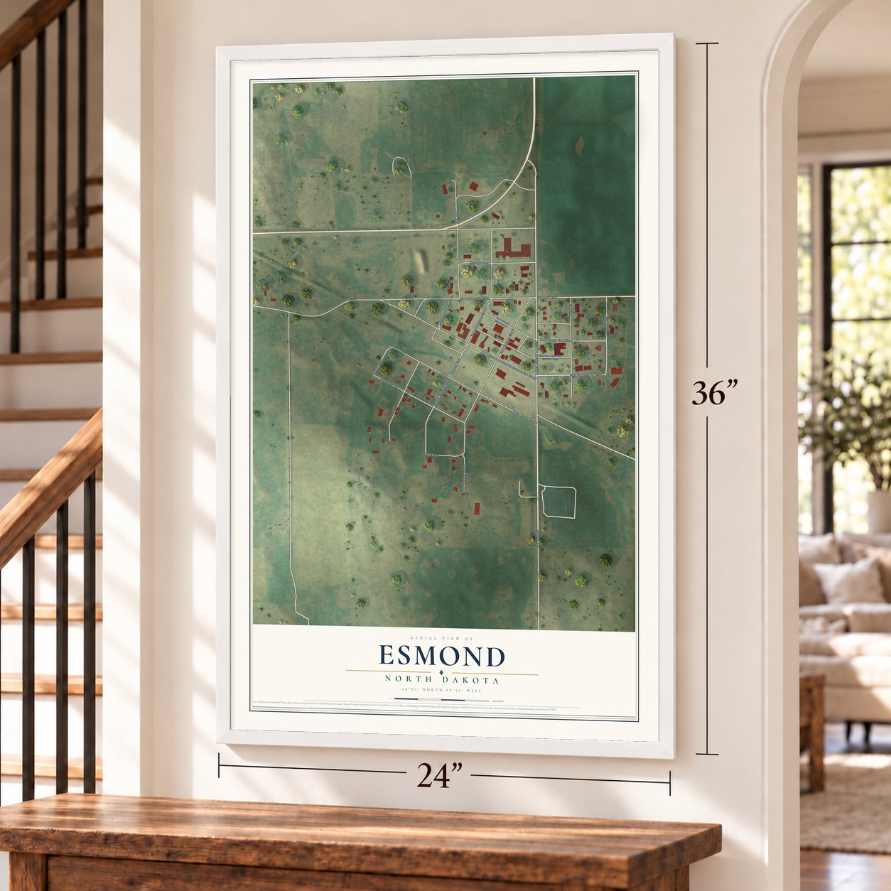 Esmond, North Dakota map, 24 x 36 inch print in a white frame by a staircase