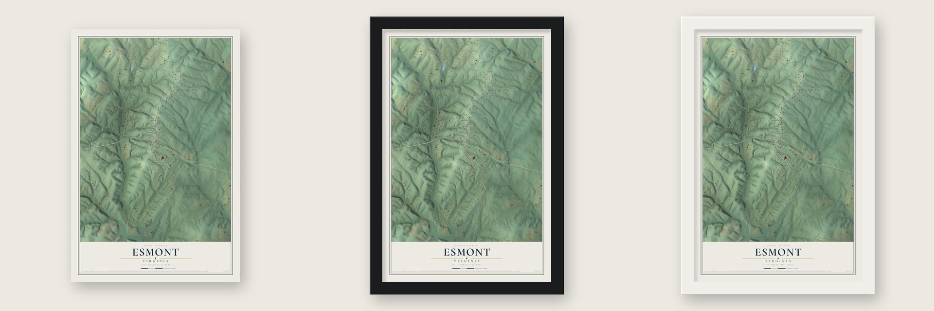 Esmont, Virginia map unframed, in a black wood frame and in a white wood frame
