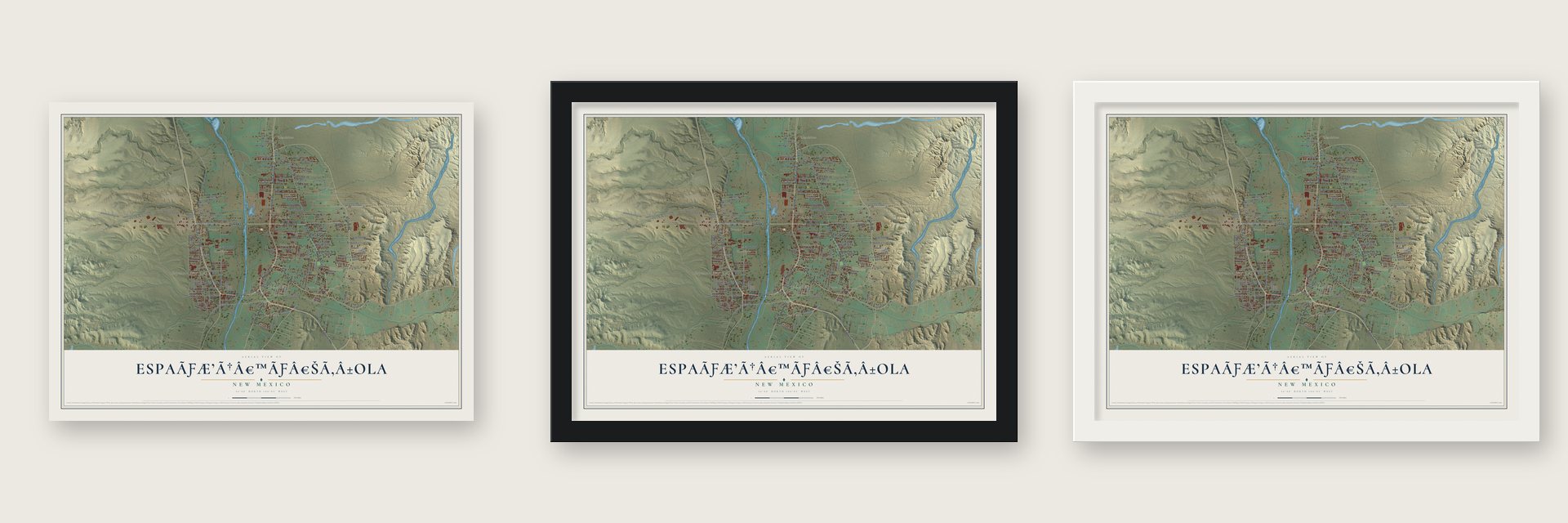 Española, New Mexico map unframed, in a black wood frame and in a white wood frame