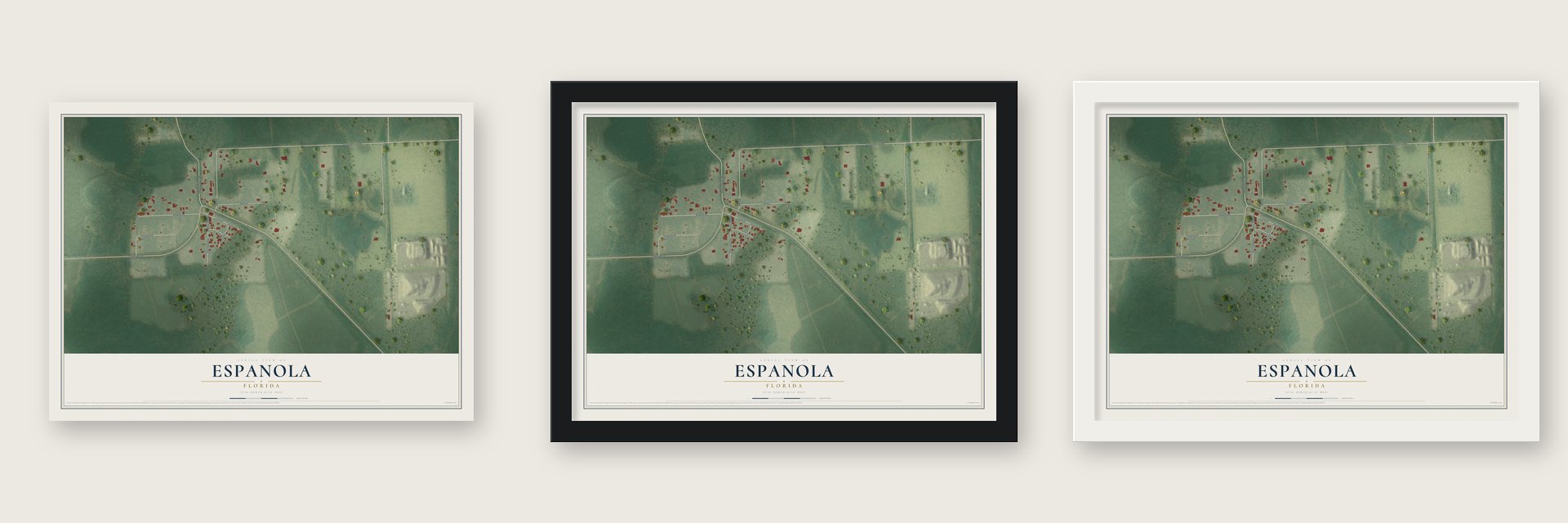 Espanola, Florida map unframed, in a black wood frame and in a white wood frame