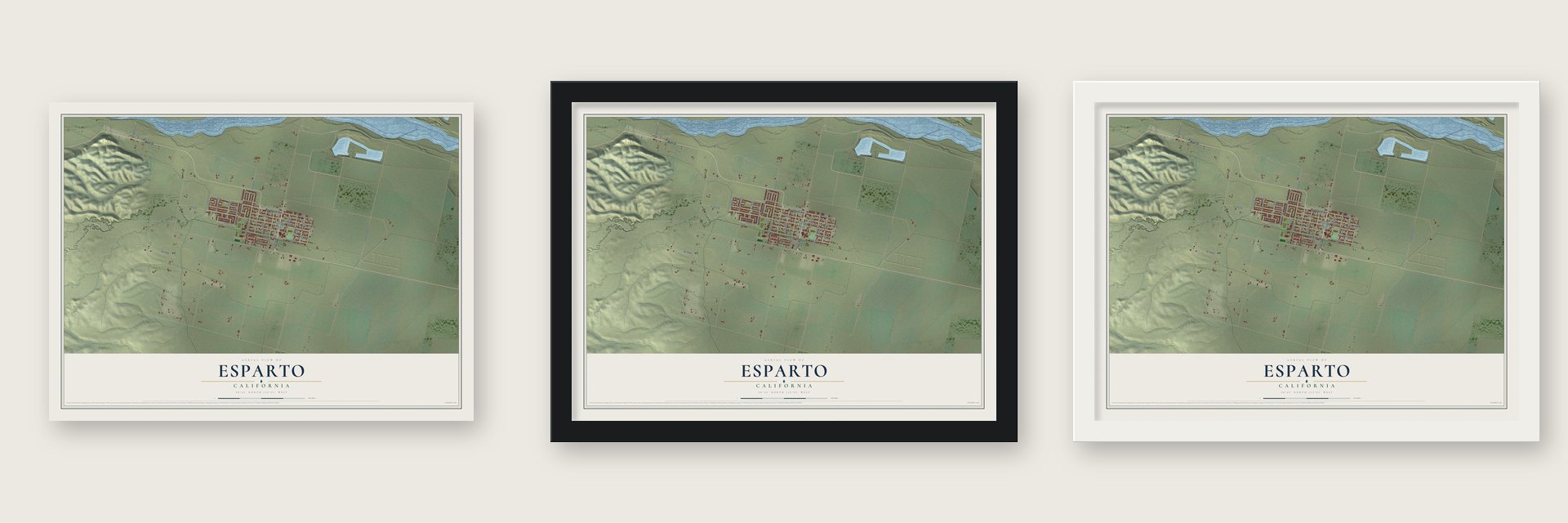 Esparto, California map unframed, in a black wood frame and in a white wood frame