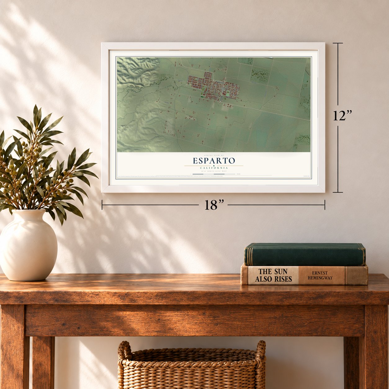 Esparto, California map, 12 x 18 inch print in a white frame in an entryway