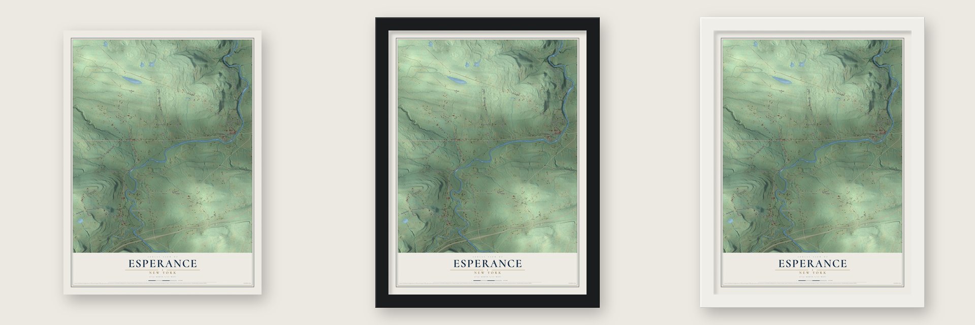 Esperance, New York map unframed, in a black wood frame and in a white wood frame
