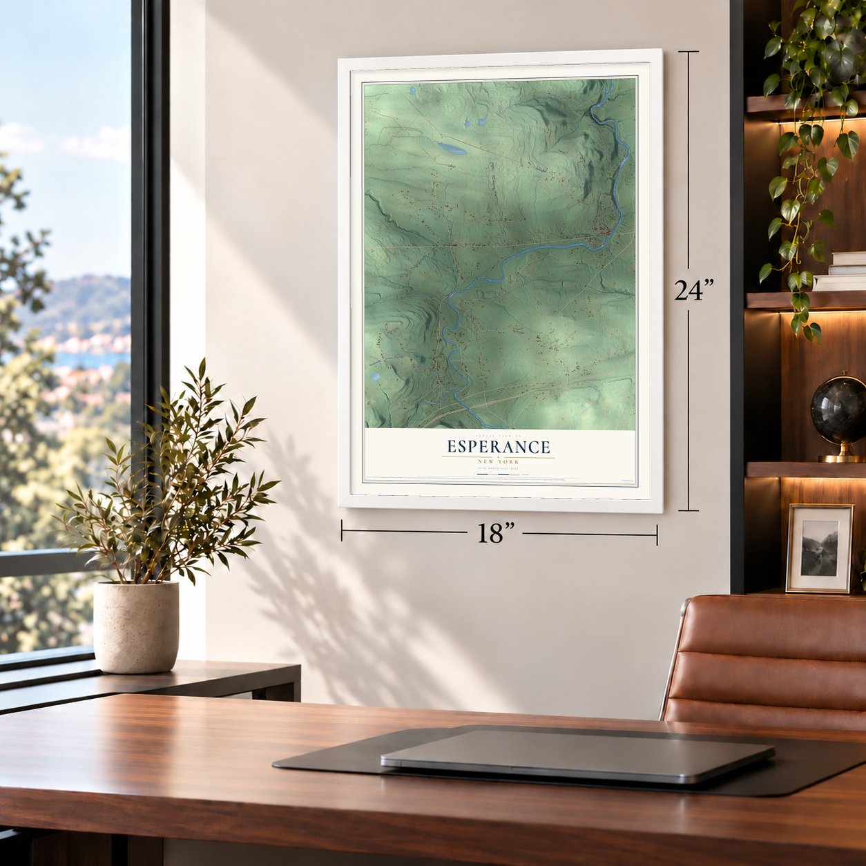 Esperance, New York map, 18 x 24 inch print in a white frame in a home office