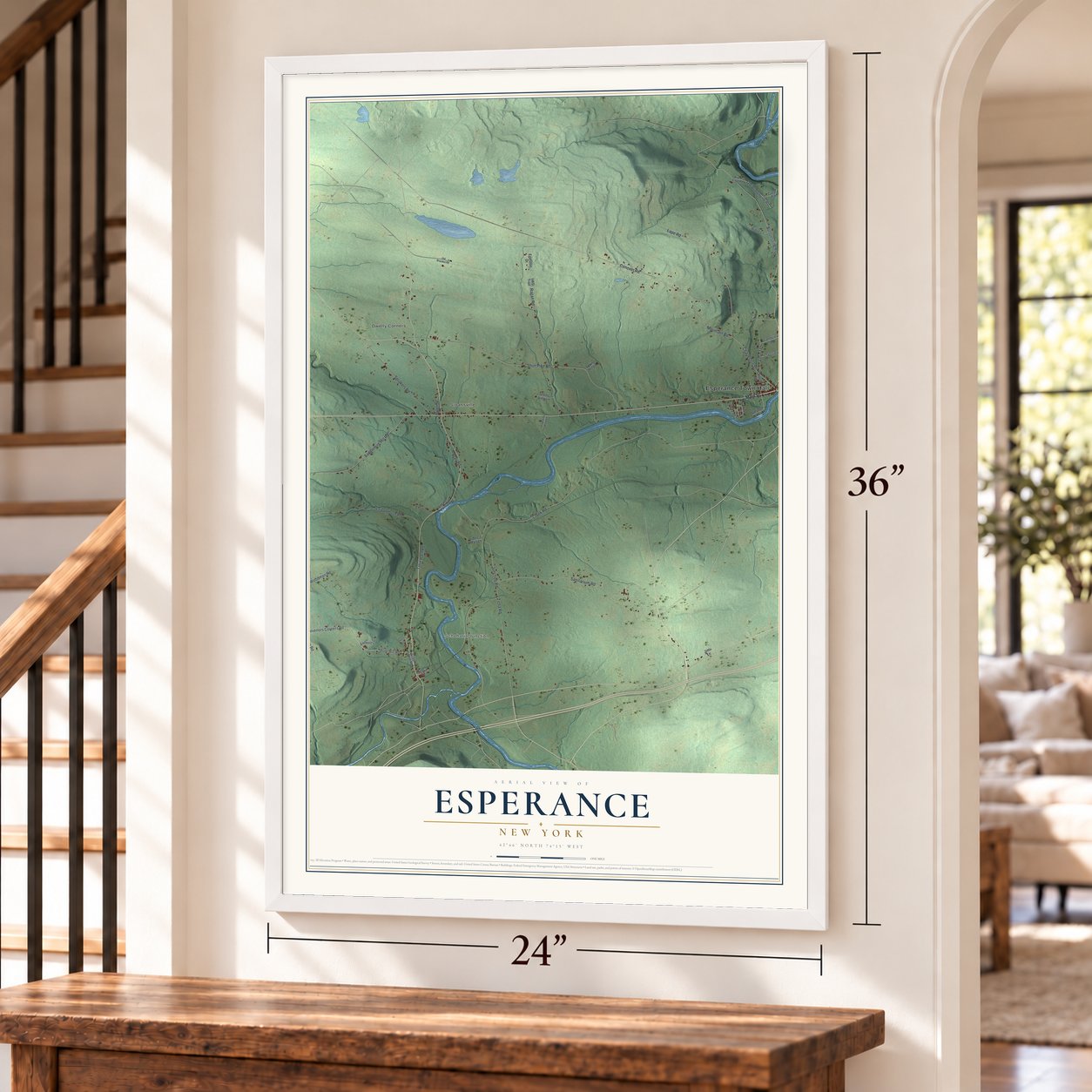 Esperance, New York map, 24 x 36 inch print in a white frame by a staircase