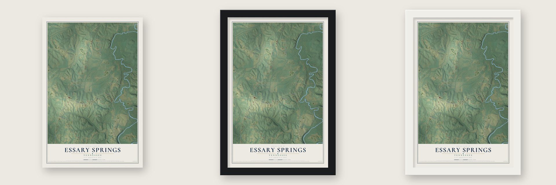 Essary Springs, Tennessee map unframed, in a black wood frame and in a white wood frame