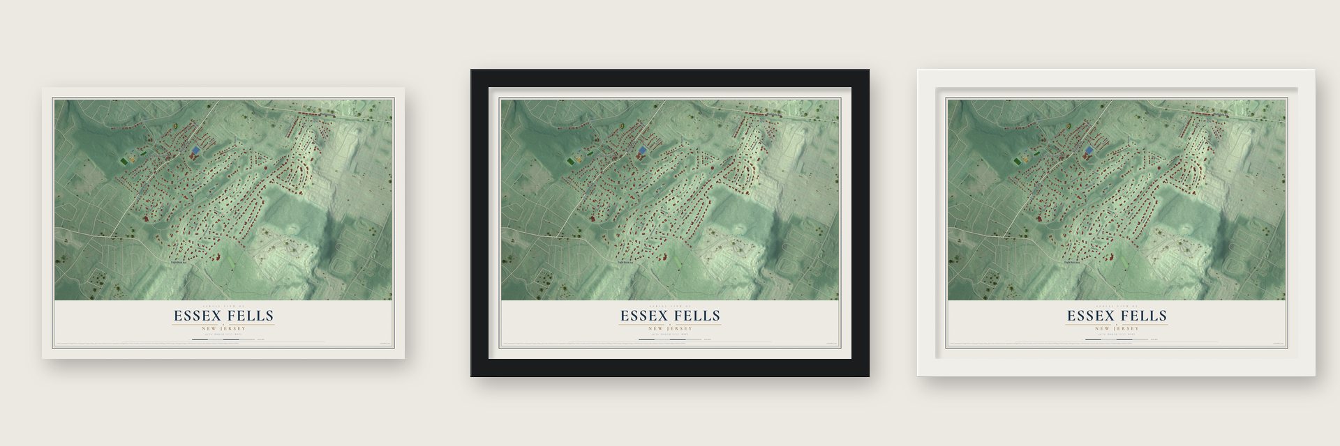 Essex Fells, New Jersey map unframed, in a black wood frame and in a white wood frame