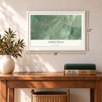 Essex Fells, New Jersey map, 12 x 18 inch print in a white frame in an entryway