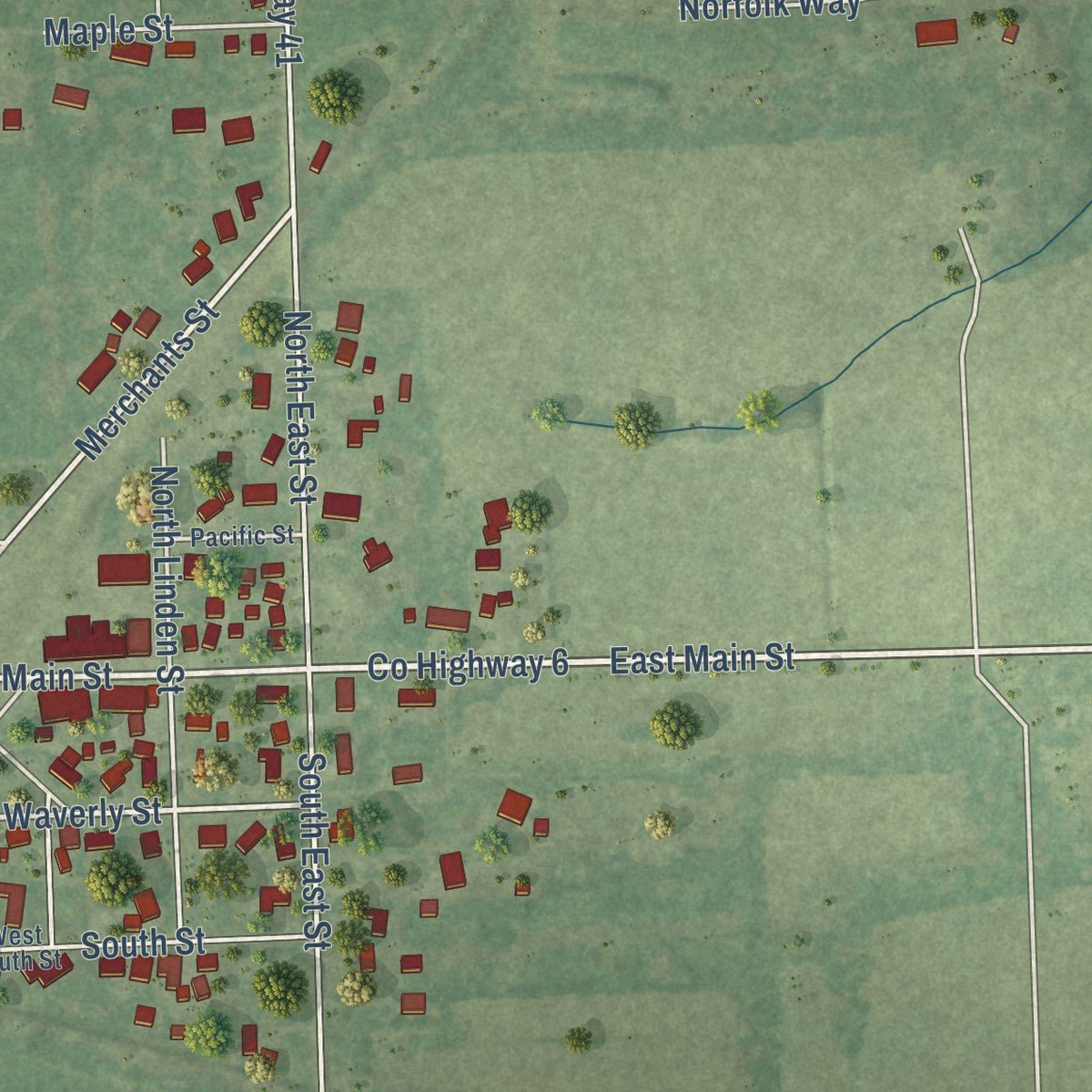 Second close-up of the map of Essex, Illinois print showing more streets and buildings