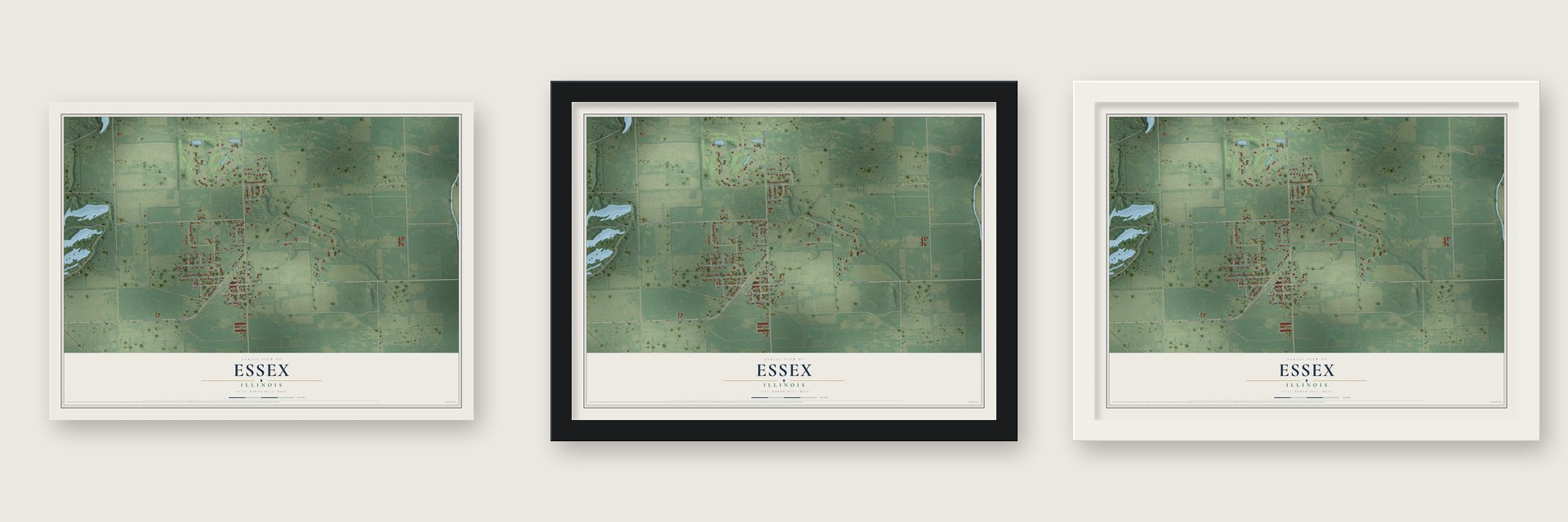 Essex, Illinois map unframed, in a black wood frame and in a white wood frame