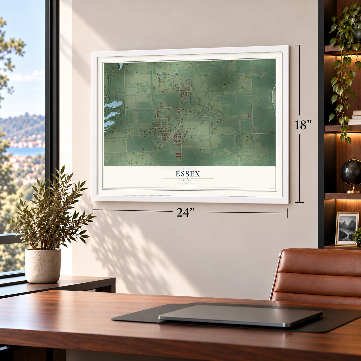 Essex, Illinois map, 18 x 24 inch print in a white frame in a home office