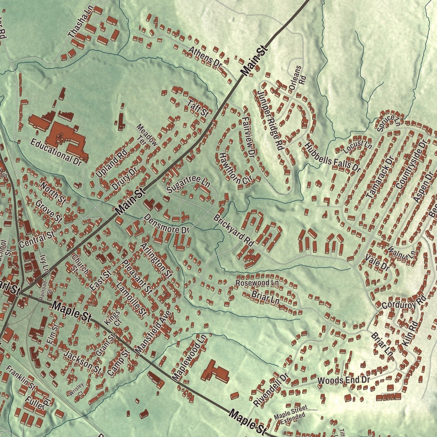 Close-up of the map of Essex Junction, Vermont print showing terrain and local geography