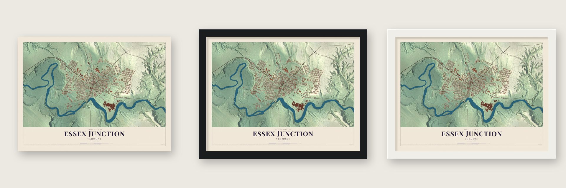 Essex Junction, Vermont map unframed, in a black wood frame and in a white wood frame