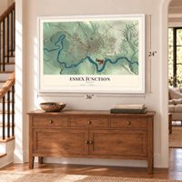 Essex Junction, Vermont map, 24 x 36 inch print in a white frame above a dresser by a staircase