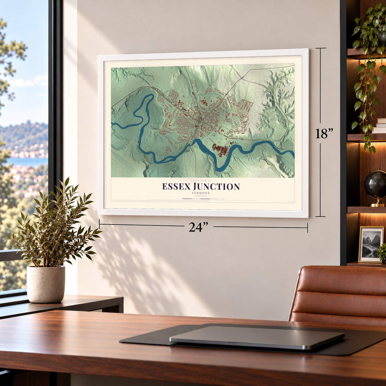 Essex Junction, Vermont map, 18 x 24 inch print in a white frame in a home office