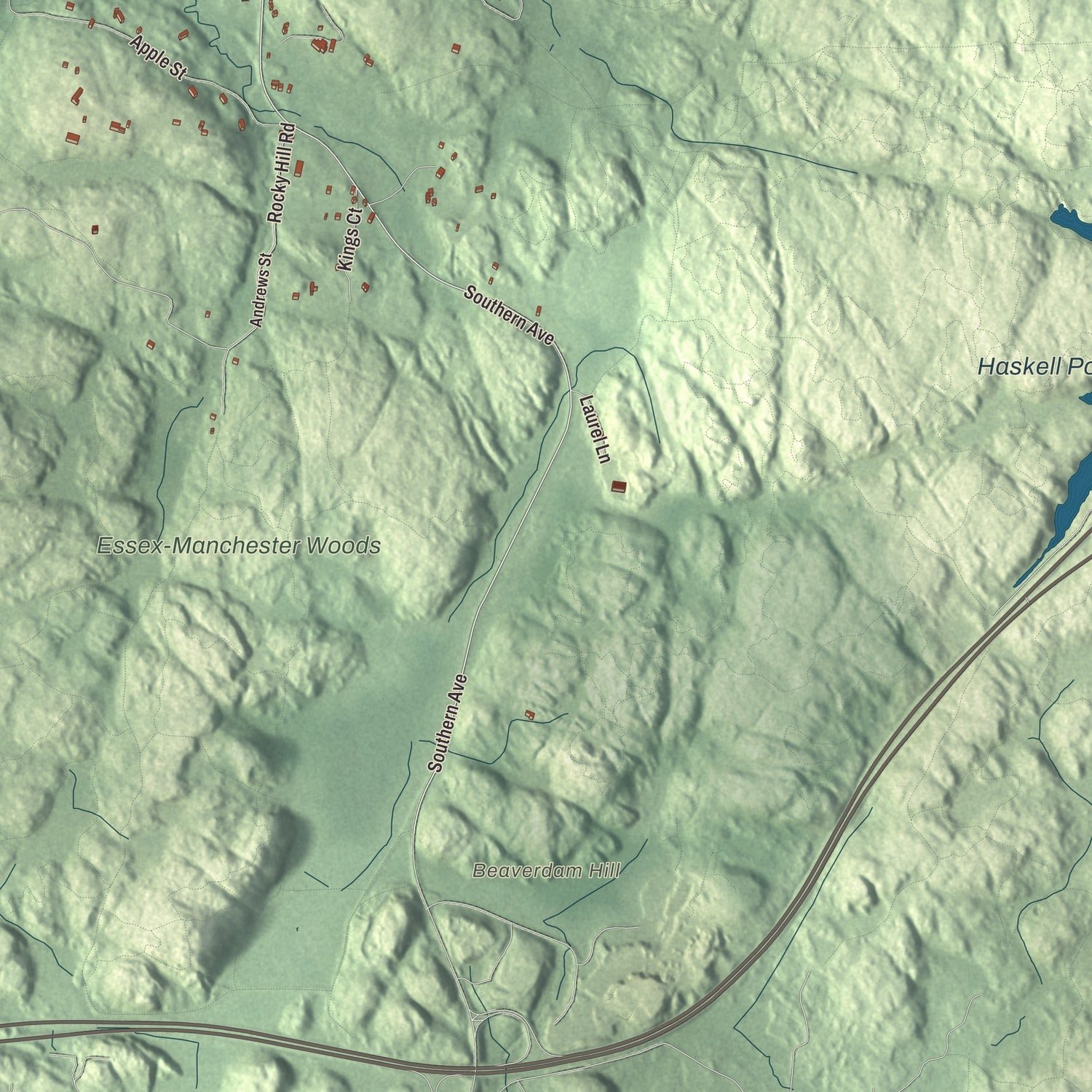 Close-up of the map of Essex, Massachusetts print showing terrain and local geography