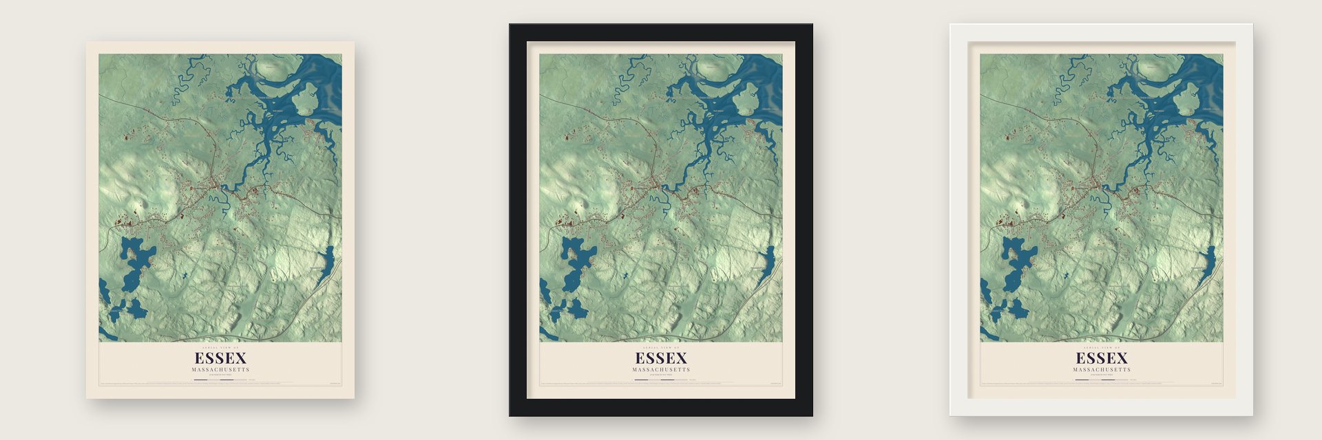 Essex, Massachusetts map unframed, in a black wood frame and in a white wood frame