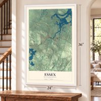 Essex, Massachusetts map, 24 x 36 inch print in a white frame by a staircase