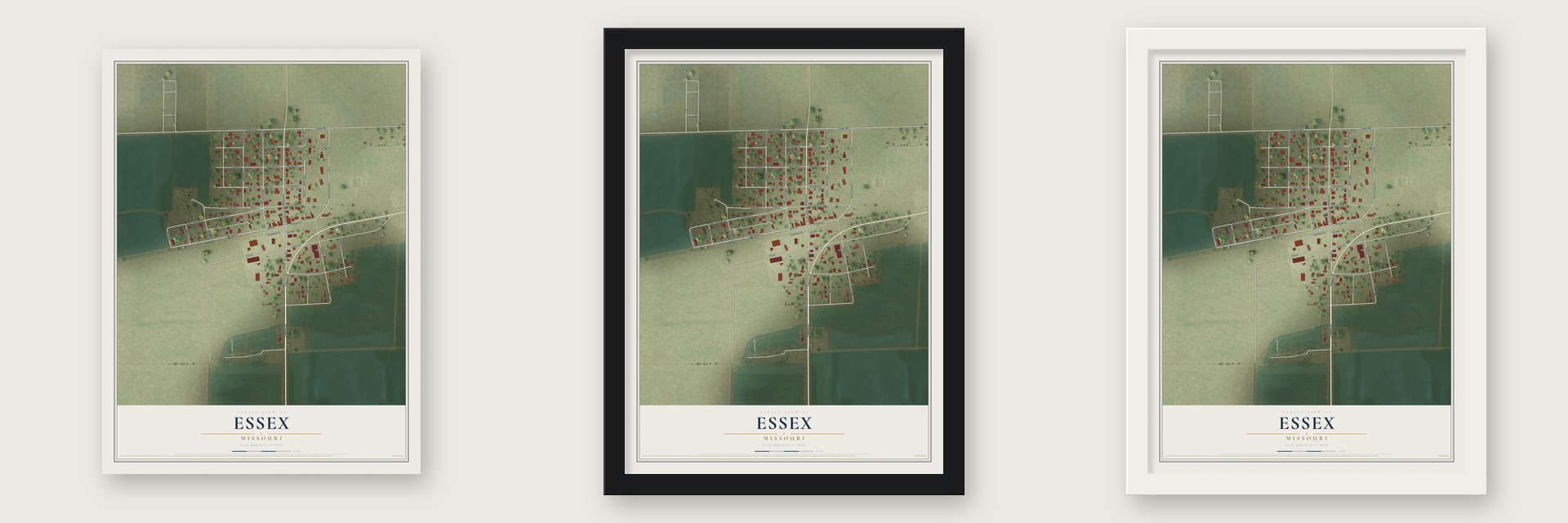 Essex, Missouri map unframed, in a black wood frame and in a white wood frame