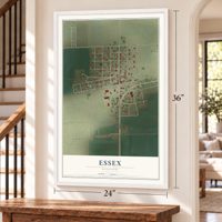 Essex, Missouri map, 24 x 36 inch print in a white frame by a staircase