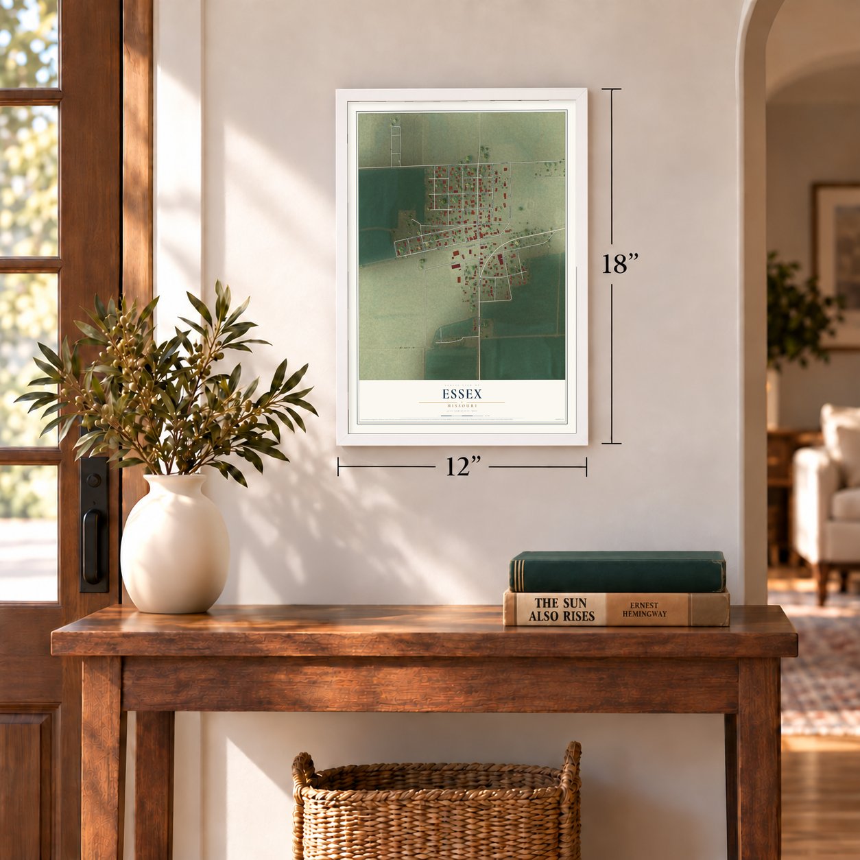 Essex, Missouri map, 12 x 18 inch print in a white frame in an entryway