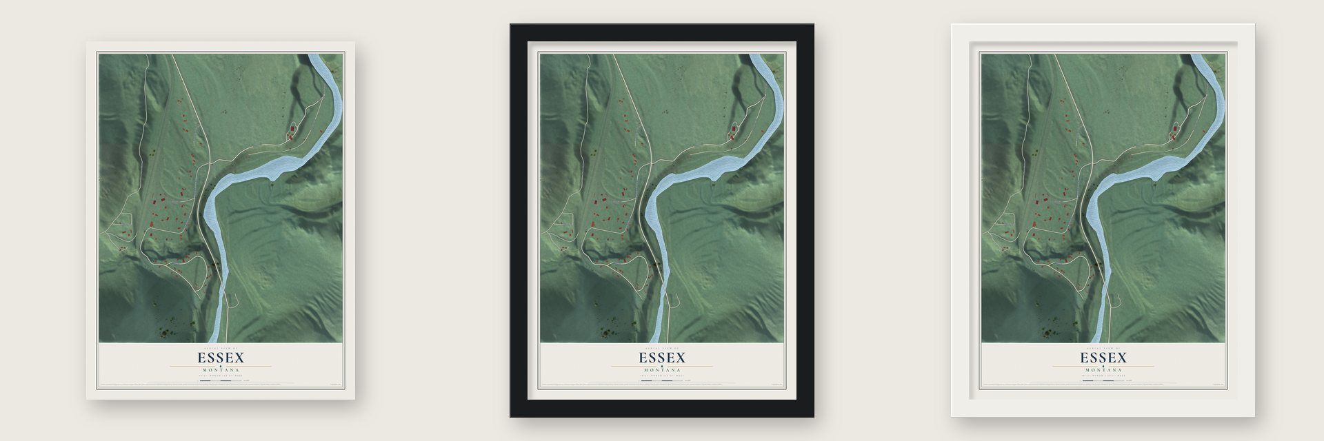 Essex, Montana map unframed, in a black wood frame and in a white wood frame
