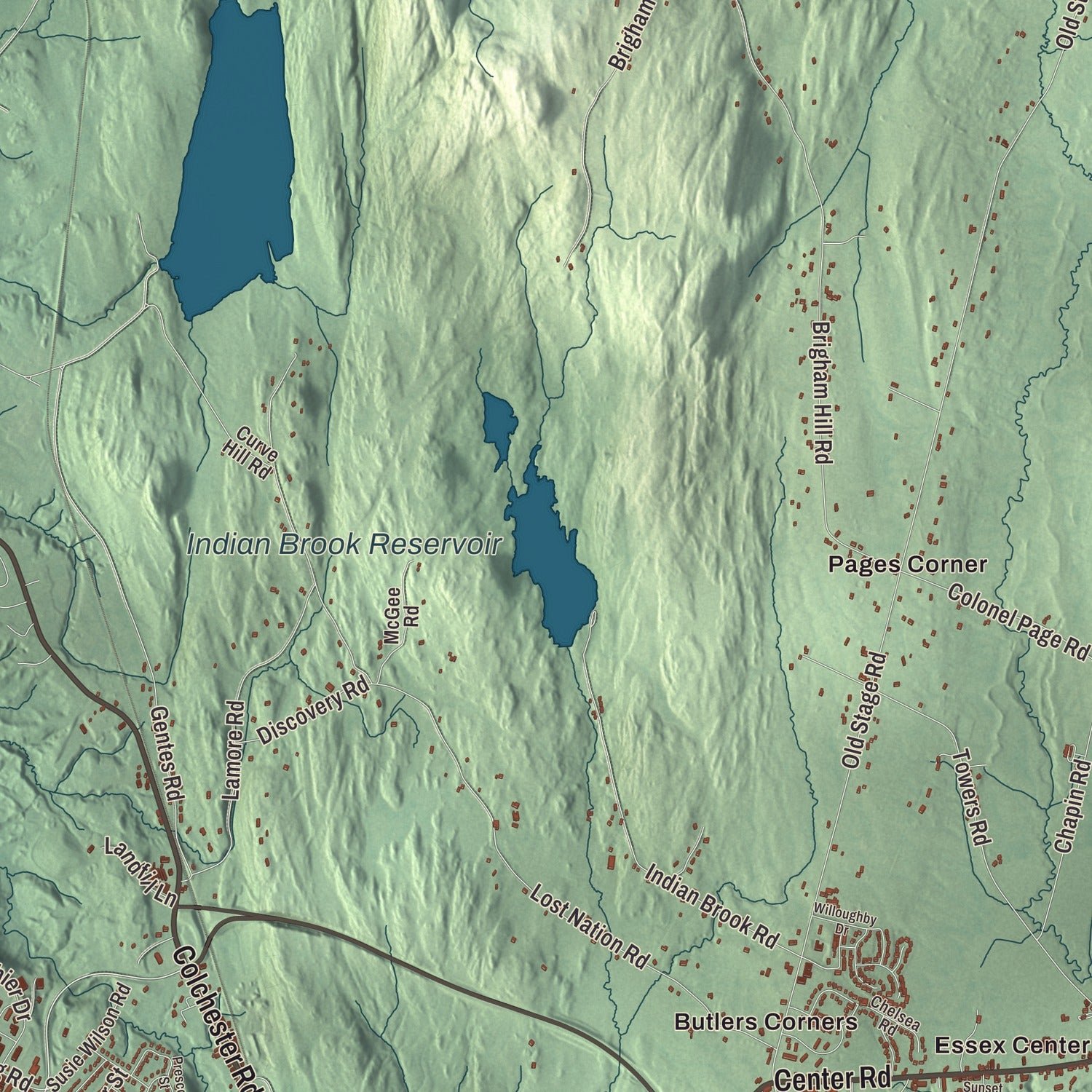 Close-up of the map of Essex, Vermont print showing terrain and local geography