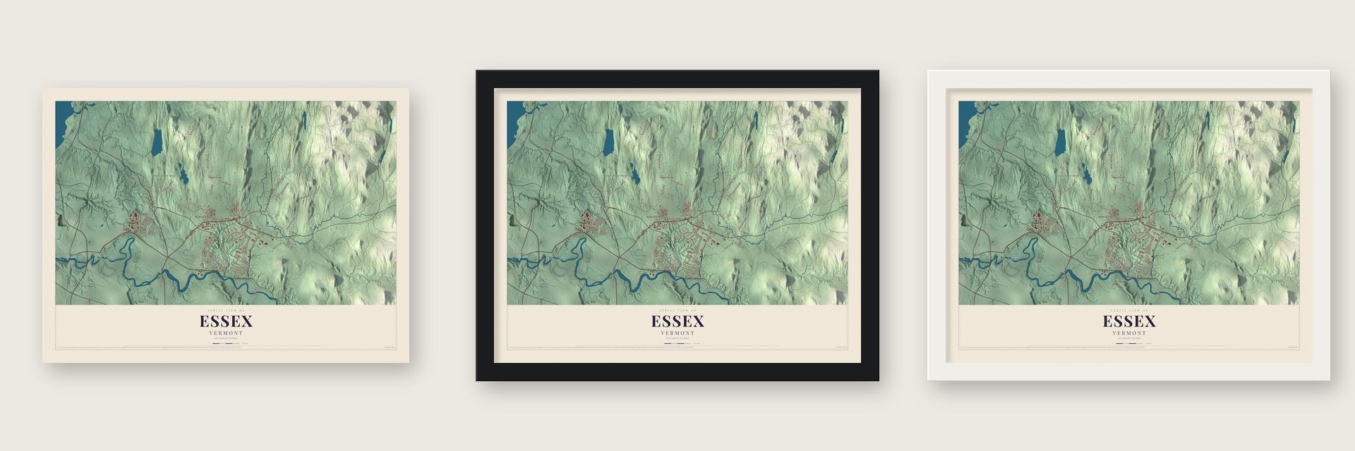 Essex, Vermont map unframed, in a black wood frame and in a white wood frame