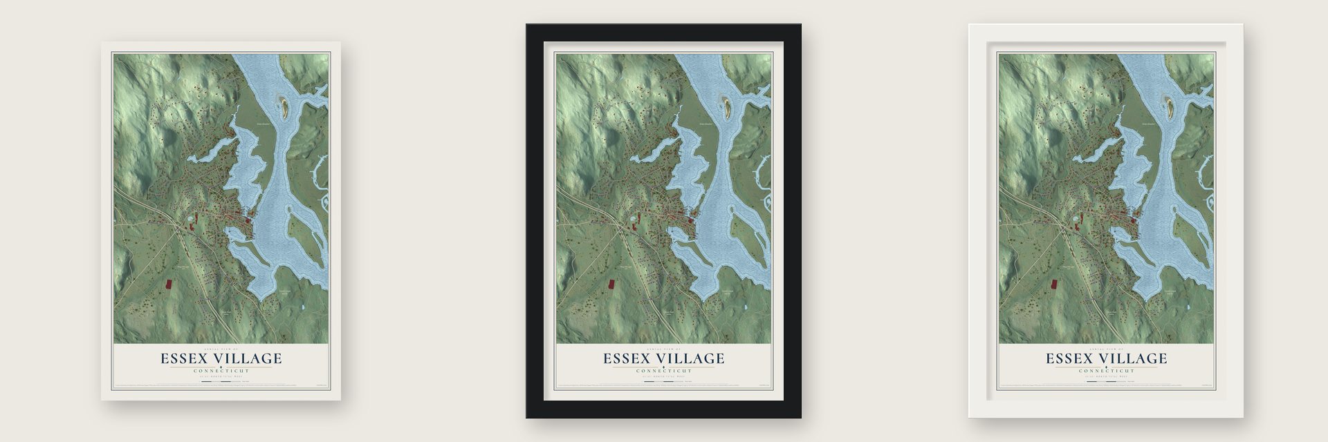 Essex Village, Connecticut map unframed, in a black wood frame and in a white wood frame