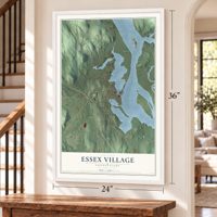 Essex Village, Connecticut map, 24 x 36 inch print in a white frame by a staircase