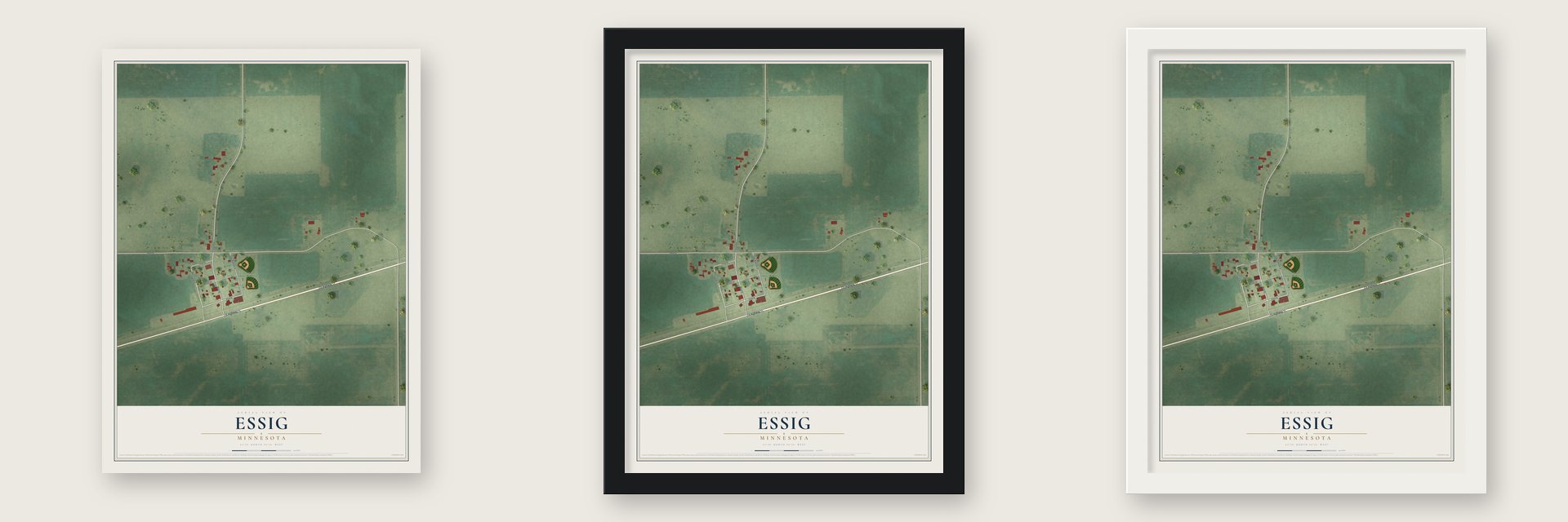 Essig, Minnesota map unframed, in a black wood frame and in a white wood frame