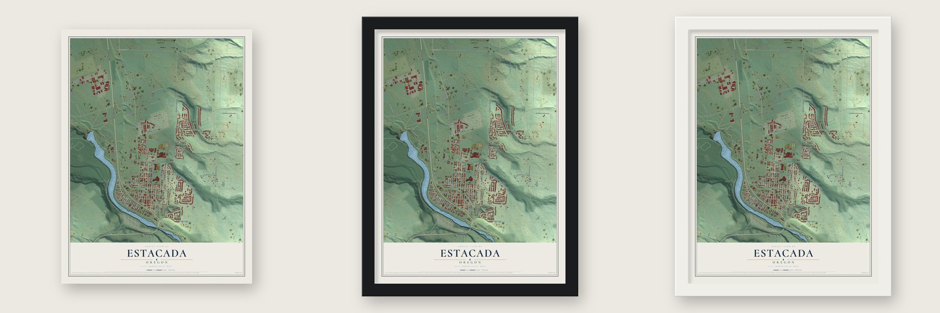 Estacada, Oregon map unframed, in a black wood frame and in a white wood frame