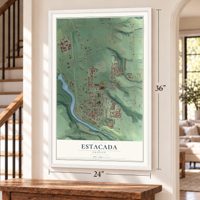 Estacada, Oregon map, 24 x 36 inch print in a white frame by a staircase