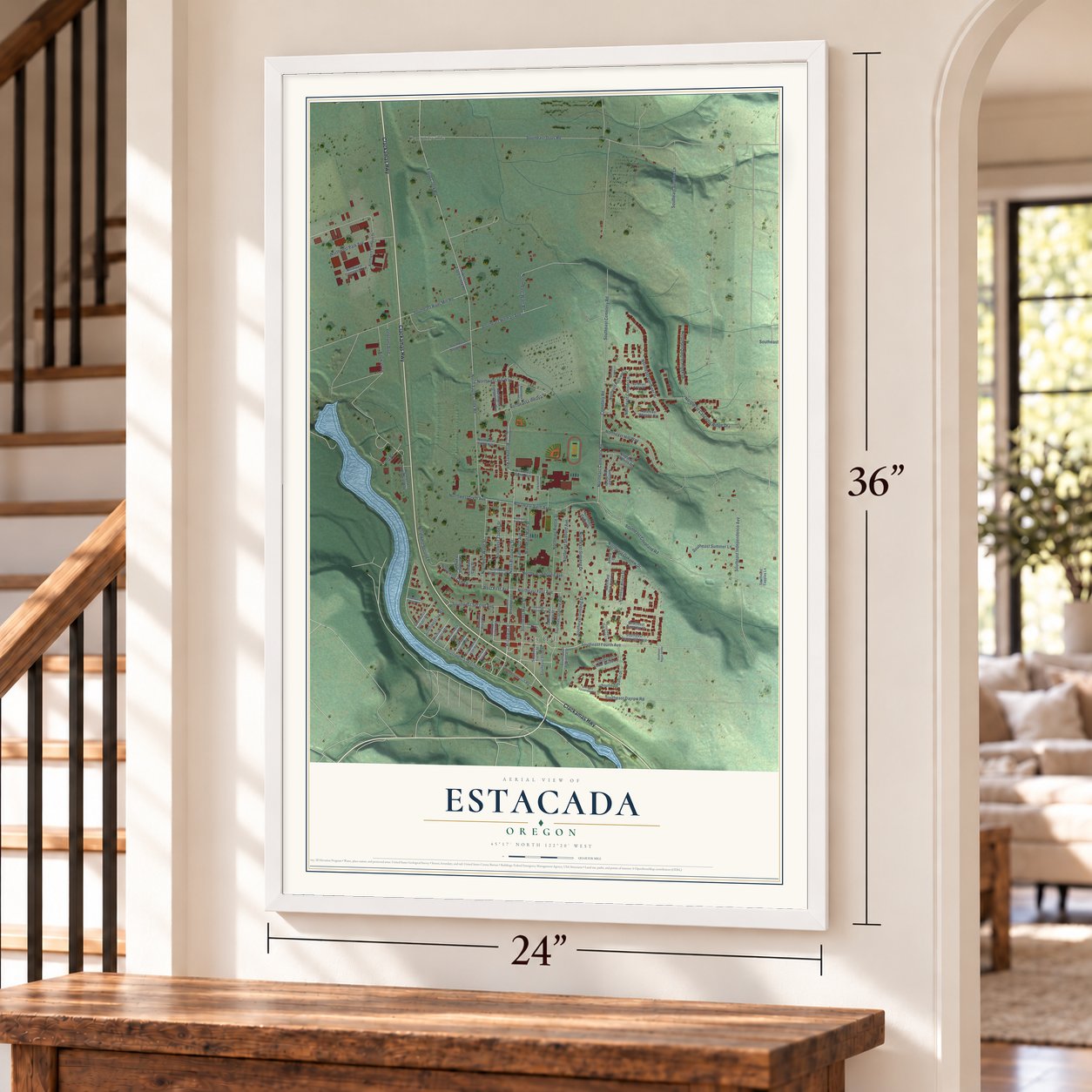 Estacada, Oregon map, 24 x 36 inch print in a white frame by a staircase