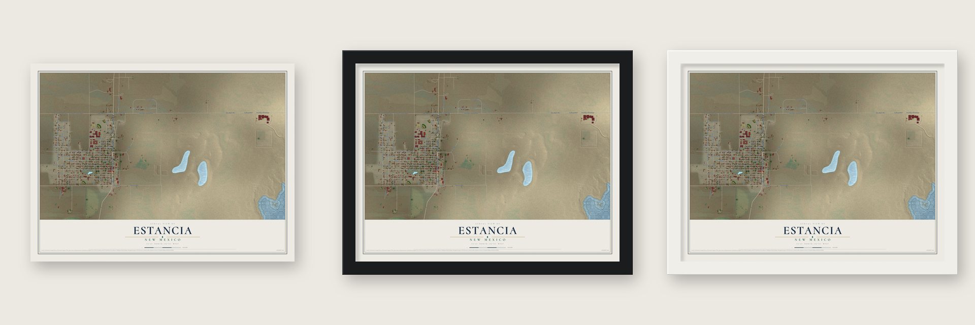 Estancia, New Mexico map unframed, in a black wood frame and in a white wood frame