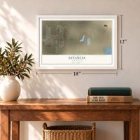 Estancia, New Mexico map, 12 x 18 inch print in a white frame in an entryway
