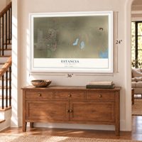 Estancia, New Mexico map, 24 x 36 inch print in a white frame above a dresser by a staircase