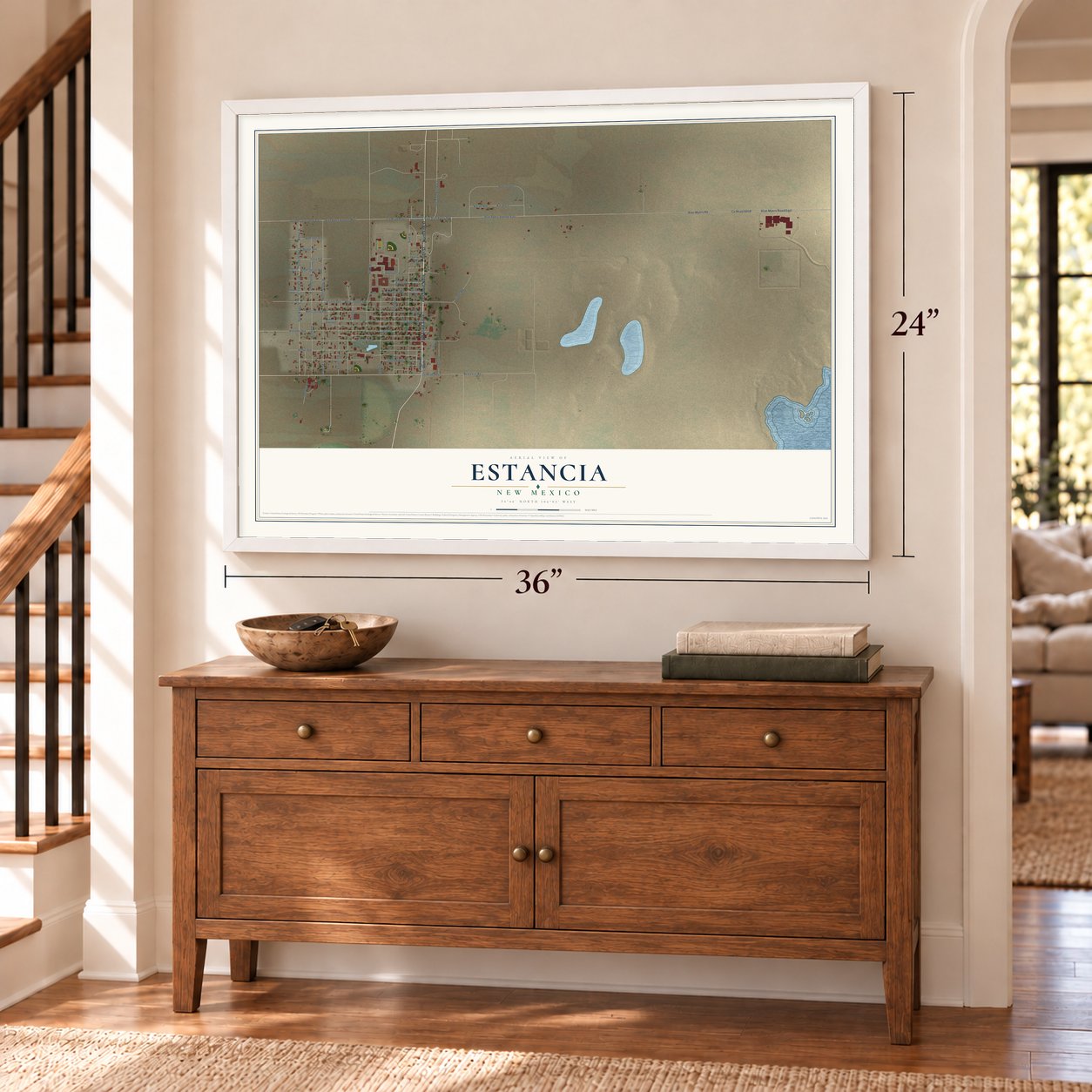 Estancia, New Mexico map, 24 x 36 inch print in a white frame above a dresser by a staircase