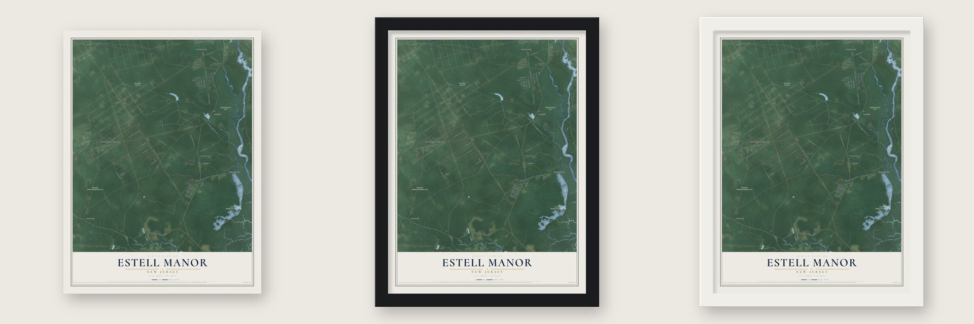Estell Manor, New Jersey map unframed, in a black wood frame and in a white wood frame