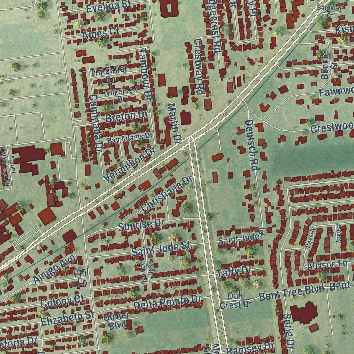 Second close-up of the map of Estelle, Louisiana print showing more streets and buildings