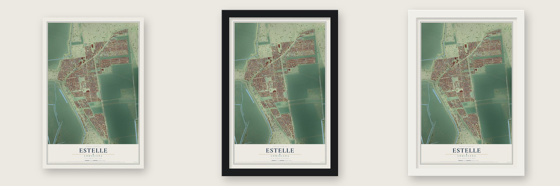 Estelle, Louisiana map unframed, in a black wood frame and in a white wood frame