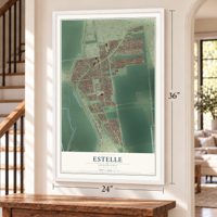 Estelle, Louisiana map, 24 x 36 inch print in a white frame by a staircase