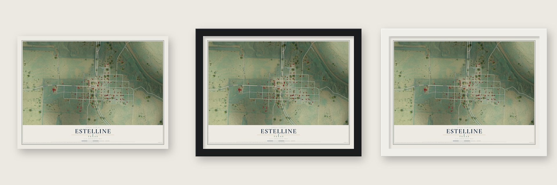 Estelline, Texas map unframed, in a black wood frame and in a white wood frame