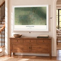 Estelline, Texas map, 24 x 36 inch print in a white frame above a dresser by a staircase