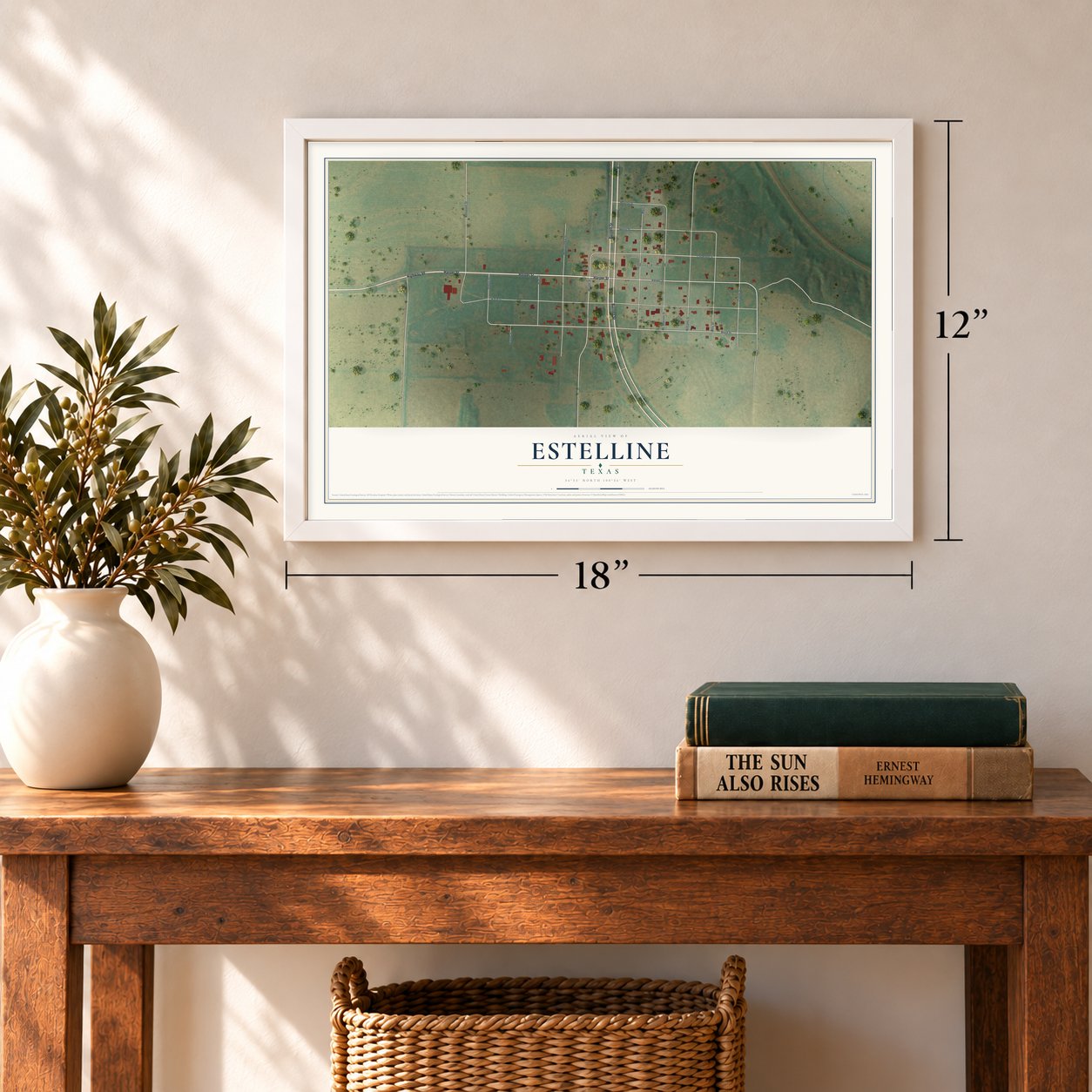 Estelline, Texas map, 12 x 18 inch print in a white frame in an entryway