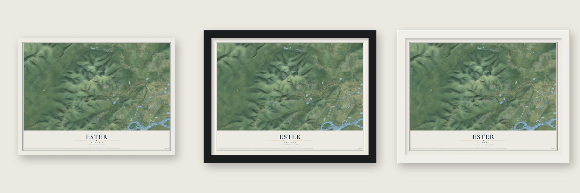 Ester, Alaska map unframed, in a black wood frame and in a white wood frame