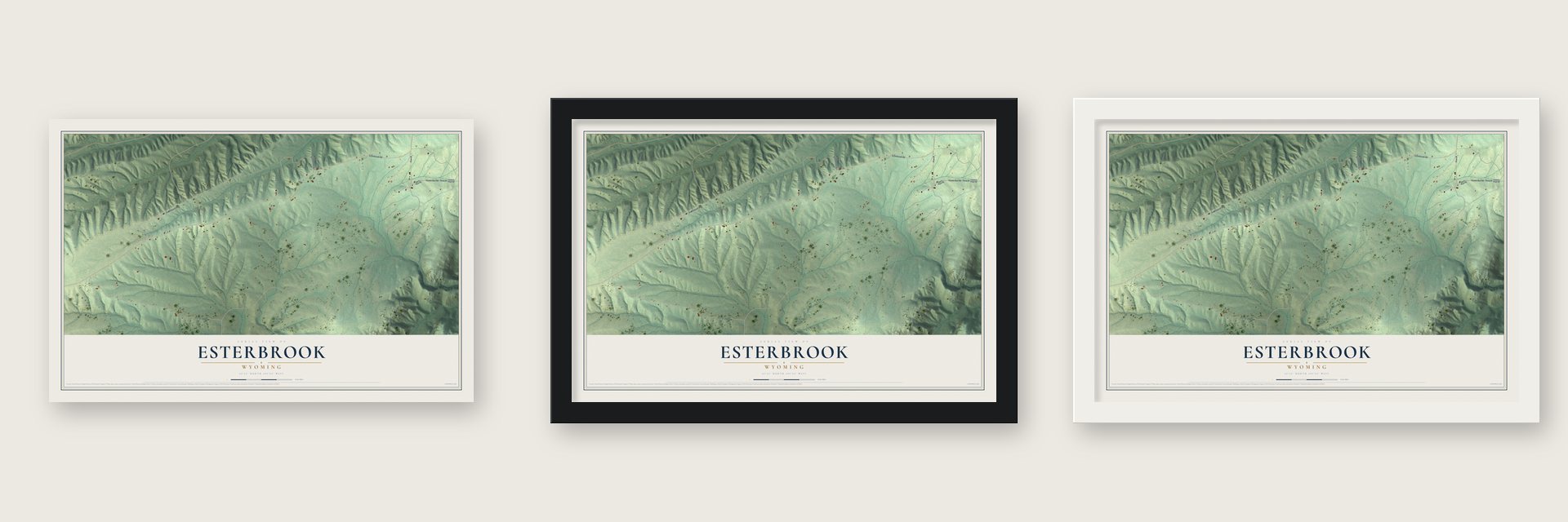 Esterbrook, Wyoming map unframed, in a black wood frame and in a white wood frame