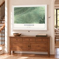 Esterbrook, Wyoming map, 24 x 36 inch print in a white frame above a dresser by a staircase