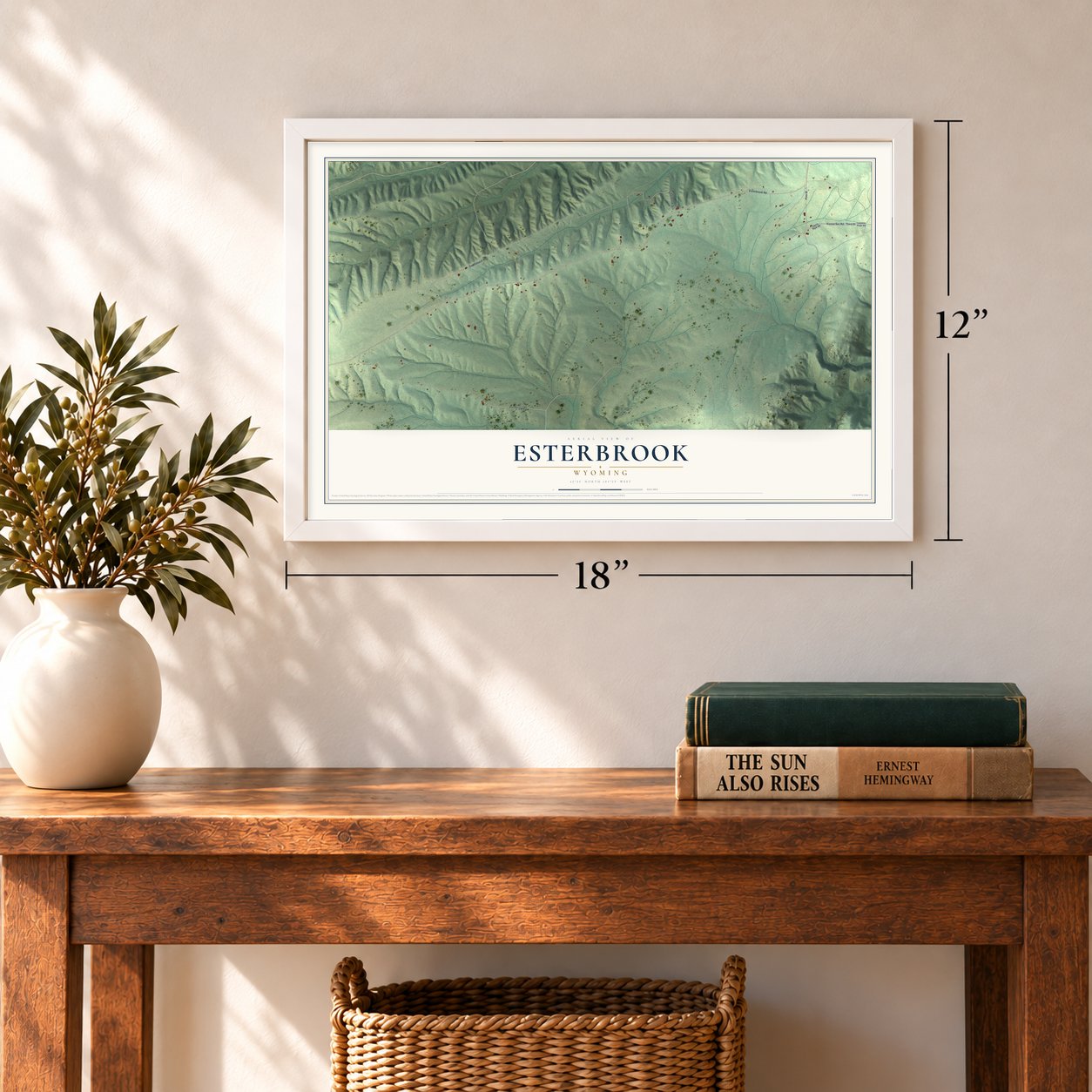 Esterbrook, Wyoming map, 12 x 18 inch print in a white frame in an entryway