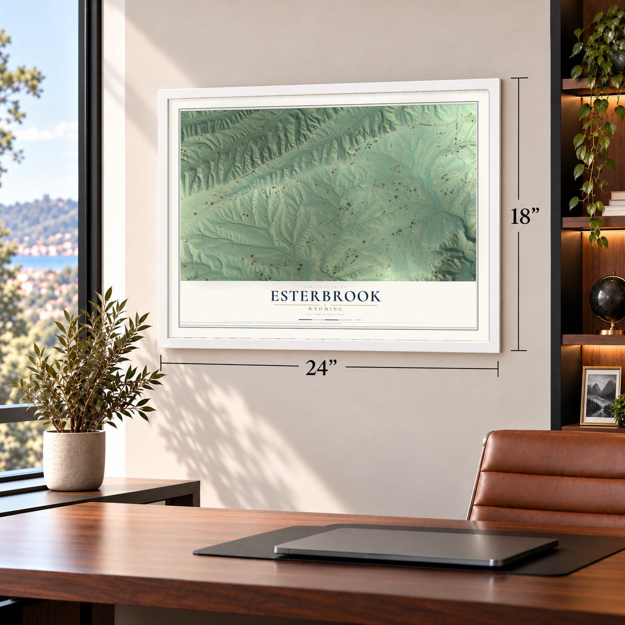 Esterbrook, Wyoming map, 18 x 24 inch print in a white frame in a home office